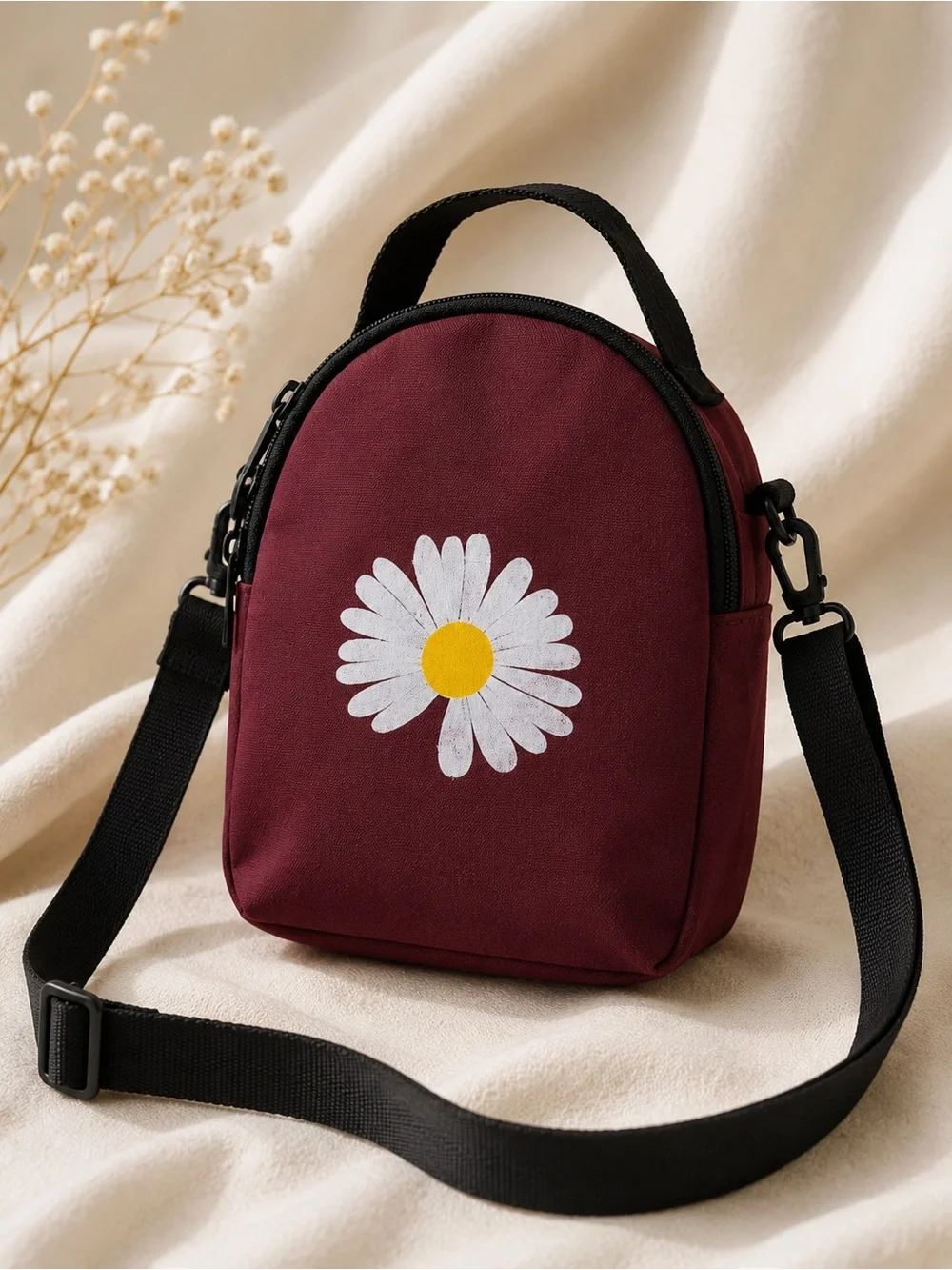 Red & Black Canvas Daisy Floral Mini Sling Bag Crossbody Backpack 3 Zip Pockets